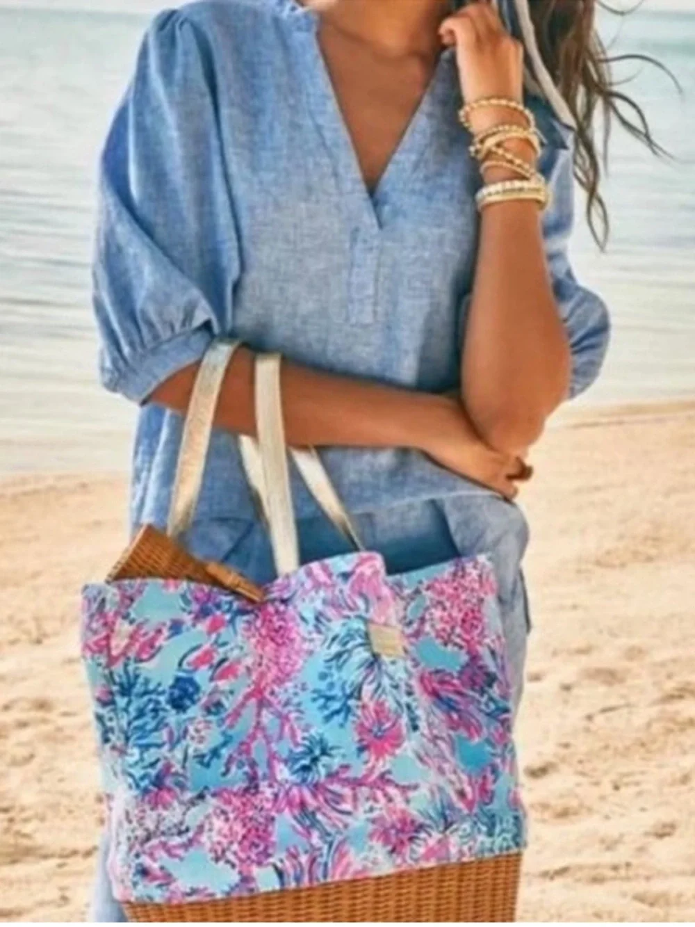 Lilly Pulitzer Canvas Wicker RARE Beach Tote Bag - Picture 3 of 15